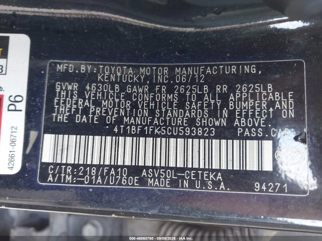 2012 Toyota Camry L მანქანა იყიდება აუქციონზე, vin: 4T1BF1FK5CU593823, აუქციონის ნომერი: 46060760