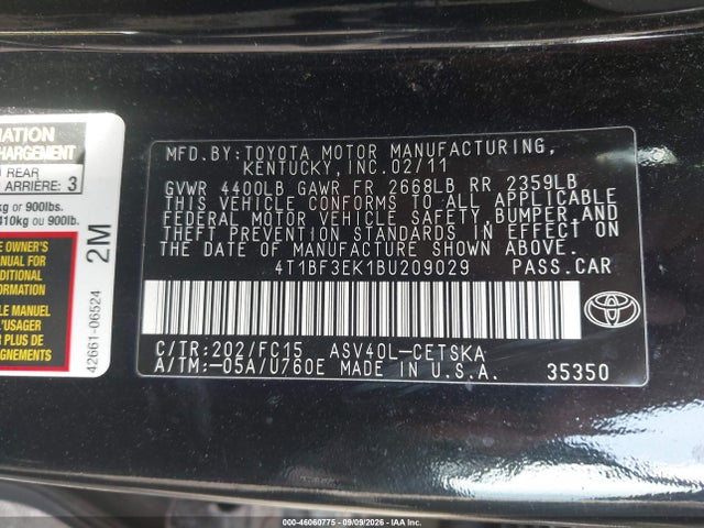 46060775 :رقم المزاد ، 4T1BF3EK1BU209029 vin ، 2011 Toyota Camry Se مزاد بيع