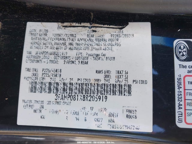 46060780 :رقم المزاد ، 3FAHP081X8R205919 vin ، 2008 Ford Fusion Sel مزاد بيع