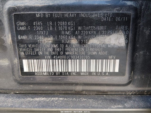 Aukcja sprzedaży 2011 Subaru Outback 2.5i Limited, vin: 4S4BRBJC9B3430285, numer aukcji: 46060791
