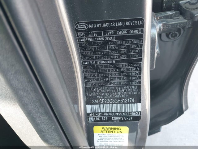 Aukcja sprzedaży 2016 Land Rover Discovery Sport Se, vin: SALCP2BG8GH612174, numer aukcji: 46060809