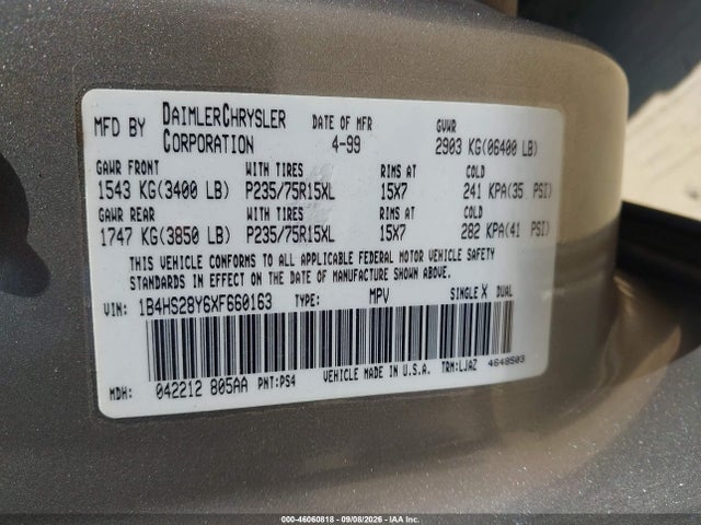 Aukcja sprzedaży 1999 Dodge Durango, vin: 1B4HS28Y6XF660163, numer aukcji: 46060818