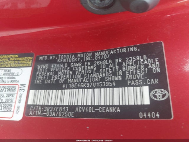 46060828 :رقم المزاد ، 4T1BE46K97U153954 vin ، 2007 Toyota Camry Le مزاد بيع