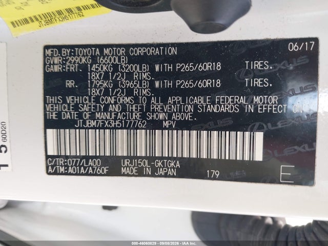 46060829 :رقم المزاد ، JTJBM7FX3H5177762 vin ، 2017 Lexus Gx 460 مزاد بيع