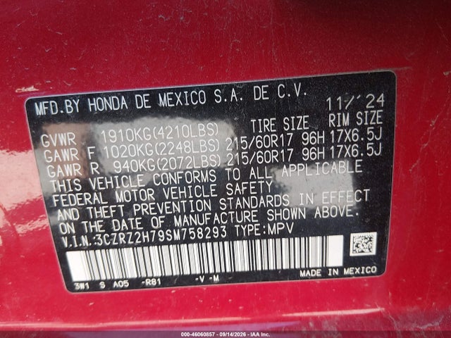 Aukcja sprzedaży 2025 Honda Hr-v Awd Ex-l, vin: 3CZRZ2H79SM758293, numer aukcji: 46060857