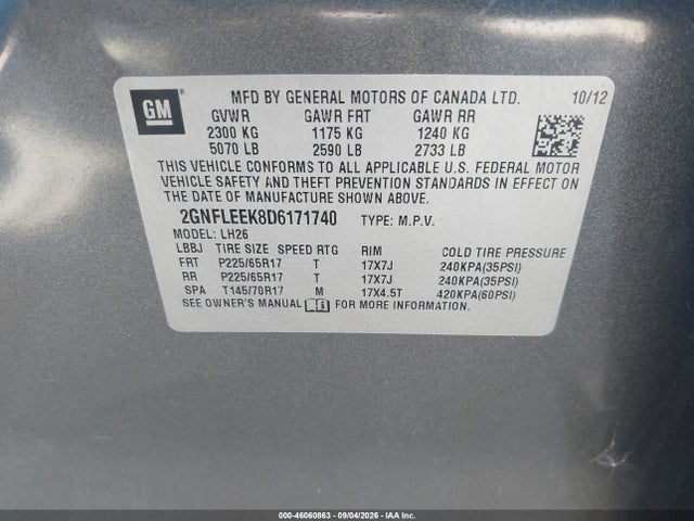 46060863 :رقم المزاد ، 2GNFLEEK8D6171740 vin ، 2013 Chevrolet Equinox 1lt مزاد بيع