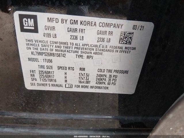 46060868 :رقم المزاد ، KL79MPS26MB158742 vin ، 2021 Chevrolet Trailblazer Fwd Lt مزاد بيع
