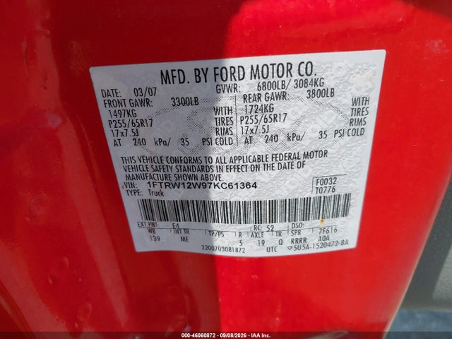 2007 Ford F-150 Xlt მანქანა იყიდება აუქციონზე, vin: 1FTRW12W97KC61364, აუქციონის ნომერი: 46060872