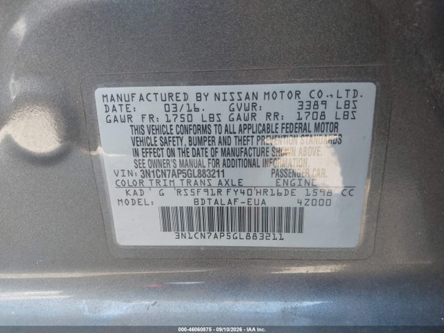 2016 Nissan Versa 1.6 S მანქანა იყიდება აუქციონზე, vin: 3N1CN7AP5GL883211, აუქციონის ნომერი: 46060875
