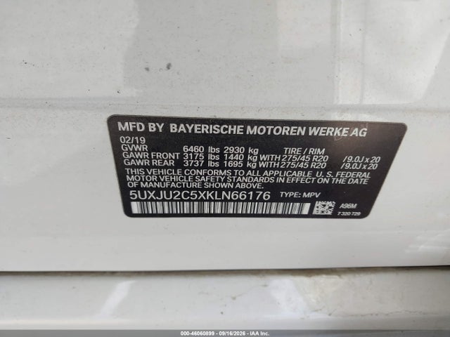 2019 Bmw X5 Xdrive50i მანქანა იყიდება აუქციონზე, vin: 5UXJU2C5XKLN66176, აუქციონის ნომერი: 46060899