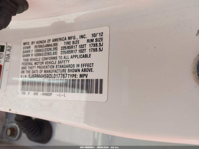 2013 Honda Cr-v Ex მანქანა იყიდება აუქციონზე, vin: 5J6RM4H59DL017767, აუქციონის ნომერი: 46060901