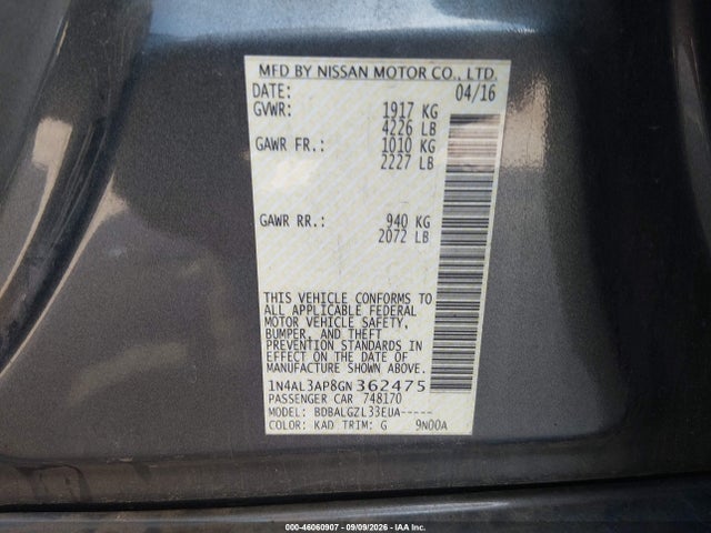 46060907 :رقم المزاد ، 1N4AL3AP8GN362475 vin ، 2016 Nissan Altima 2.5/2.5 S/2.5 Sl/2.5 Sr/2.5 Sv مزاد بيع