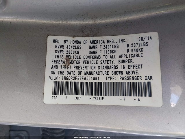 2015 Honda Accord Ex-l V-6 მანქანა იყიდება აუქციონზე, vin: 1HGCR3F83FA001861, აუქციონის ნომერი: 46060919