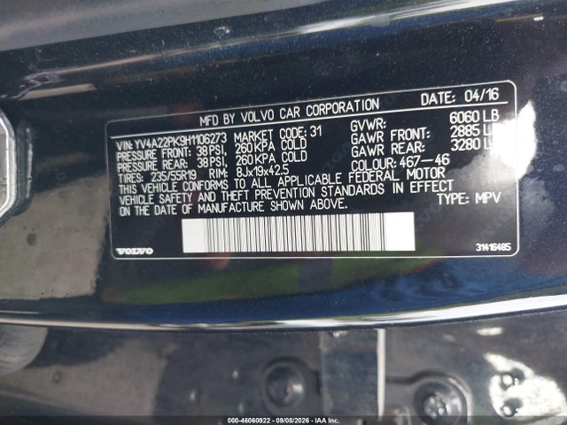 Aukcja sprzedaży 2017 Volvo Xc90 T6 Momentum, vin: YV4A22PK9H1106273, numer aukcji: 46060922