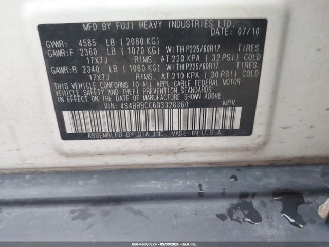 46060924 :رقم المزاد ، 4S4BRBCC6B3328360 vin ، 2011 Subaru Outback 2.5i Premium مزاد بيع