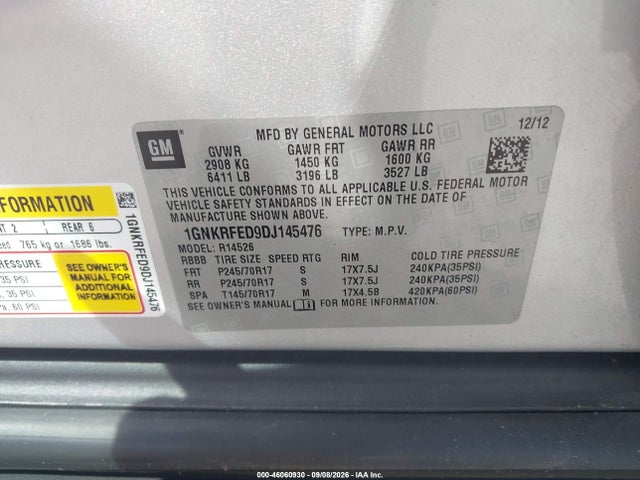 Продажа на аукционе авто 2013 Chevrolet Traverse Ls, vin: 1GNKRFED9DJ145476, номер лота: 46060930
