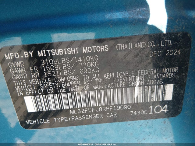 2024 Mitsubishi Mirage G4 Le მანქანა იყიდება აუქციონზე, vin: ML32FUFJ8RHF19090, აუქციონის ნომერი: 46060931
