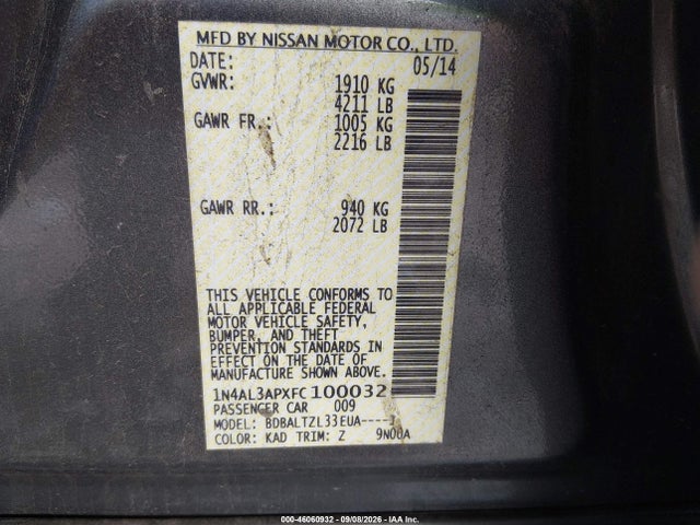 2015 Nissan Altima 2.5 Sl მანქანა იყიდება აუქციონზე, vin: 1N4AL3APXFC100032, აუქციონის ნომერი: 46060932