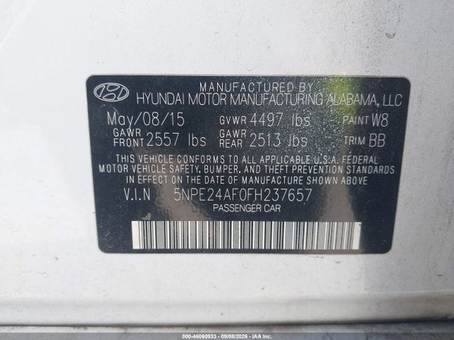 Aukcja sprzedaży 2015 Hyundai Sonata Se, vin: 5NPE24AF0FH237657, numer aukcji: 46060933