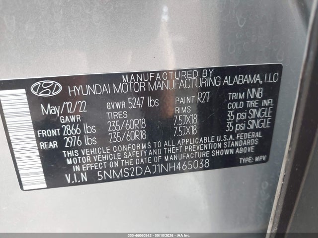 Aukcja sprzedaży 2022 Hyundai Santa Fe Sel, vin: 5NMS2DAJ1NH465038, numer aukcji: 46060942