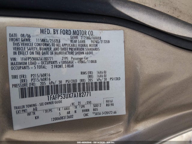 46060946 :رقم المزاد ، 1FAFP53UX7A182771 vin ، 2007 Ford Taurus Se مزاد بيع