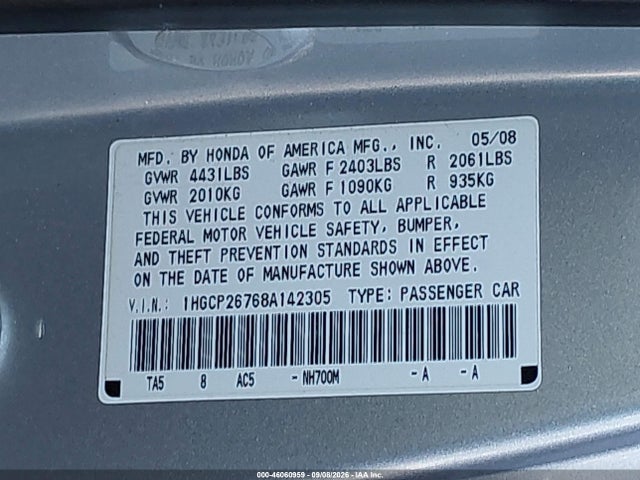 Продажа на аукционе авто 2008 Honda Accord 2.4 Ex, vin: 1HGCP26768A142305, номер лота: 46060959