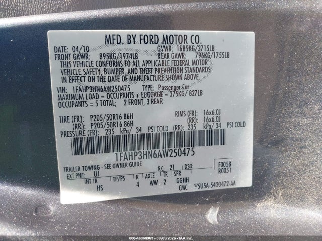 46060963 :رقم المزاد ، 1FAHP3HN6AW250475 vin ، 2010 Ford Focus Sel مزاد بيع