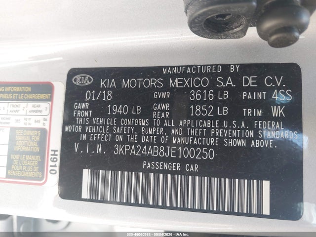 Продаж на аукціоні авто 2018 Kia Rio S, vin: 3KPA24AB8JE100250, номер лоту: 46060968