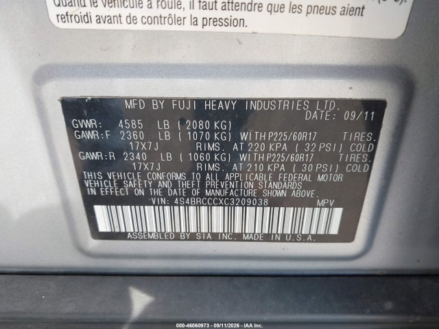 Aukcja sprzedaży 2012 Subaru Outback 2.5i Premium, vin: 4S4BRCCCXC3209038, numer aukcji: 46060973
