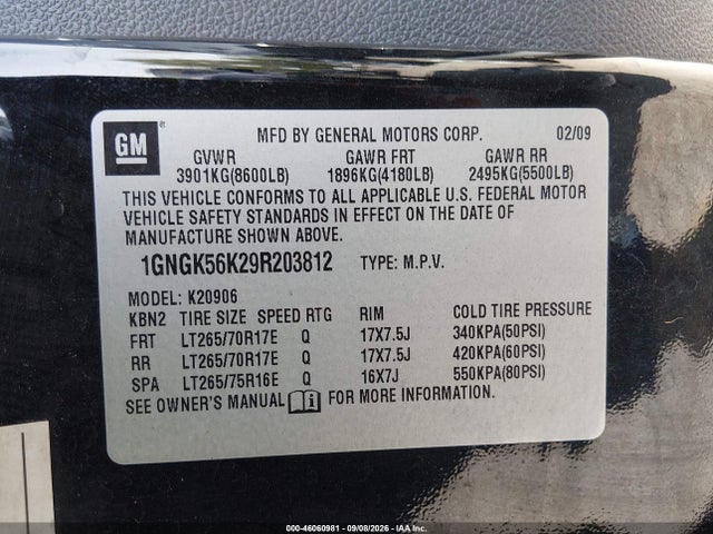 46060981 :رقم المزاد ، 1GNGK56K29R203812 vin ، 2009 Chevrolet Suburban 2500 Lt2 مزاد بيع