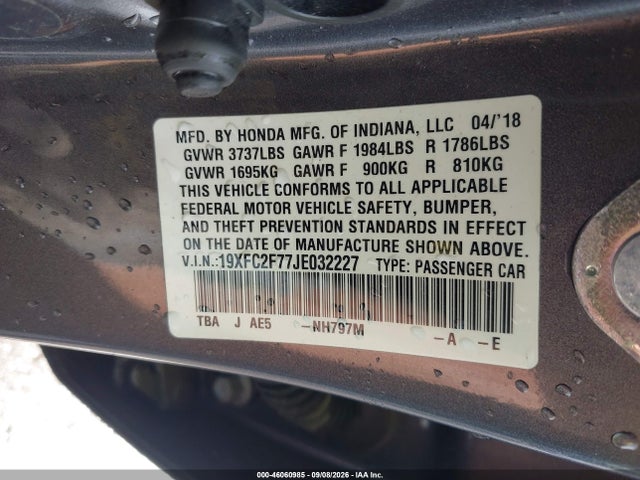 2018 Honda Civic Ex მანქანა იყიდება აუქციონზე, vin: 19XFC2F77JE032227, აუქციონის ნომერი: 46060985