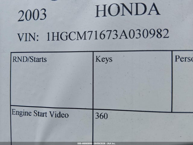 2003 Honda Accord 2.4 Ex მანქანა იყიდება აუქციონზე, vin: 1HGCM71673A030982, აუქციონის ნომერი: 46060999