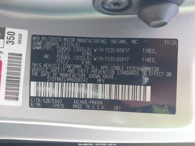 Продажа на аукционе авто 2021 Toyota Sienna Xle, vin: 5TDYRKEC4MS008242, номер лота: 46061002