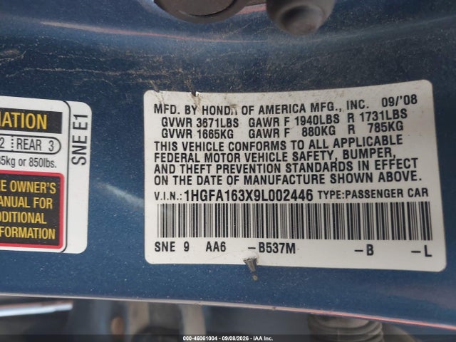 46061004 :رقم المزاد ، 1HGFA163X9L002446 vin ، 2009 Honda Civic Vp مزاد بيع