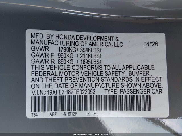 Продаж на аукціоні авто 2026 Honda Civic Sport, vin: 19XFL2H82TE022052, номер лоту: 46061005