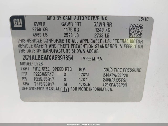 46061011 :رقم المزاد ، 2CNALBEWXA6397354 vin ، 2010 Chevrolet Equinox Ls مزاد بيع