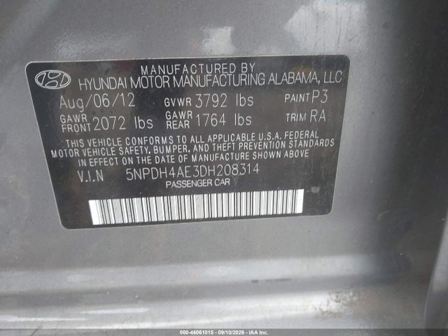 Aukcja sprzedaży 2013 Hyundai Elantra Gls, vin: 5NPDH4AE3DH208314, numer aukcji: 46061015