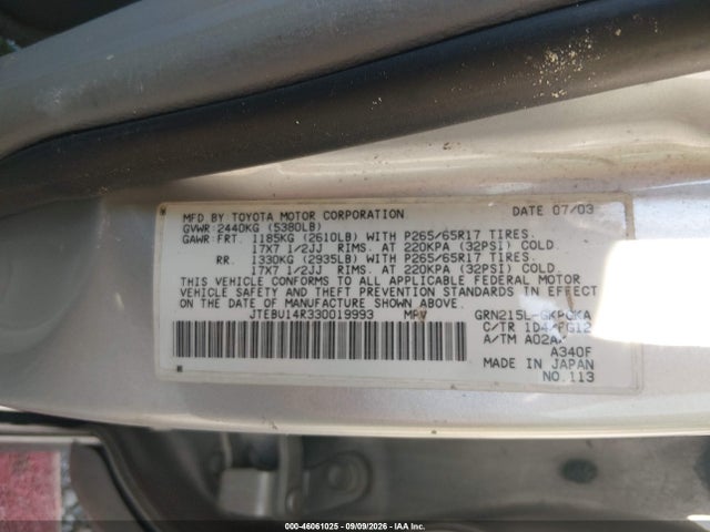 46061025 :رقم المزاد ، JTEBU14R330019993 vin ، 2003 Toyota 4runner Sr5 V6 مزاد بيع
