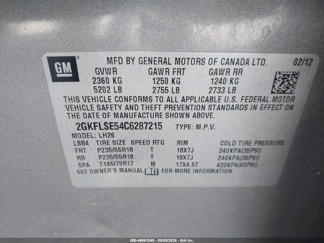 2012 Gmc Terrain Sle-2 მანქანა იყიდება აუქციონზე, vin: 2GKFLSE54C6287215, აუქციონის ნომერი: 46061048