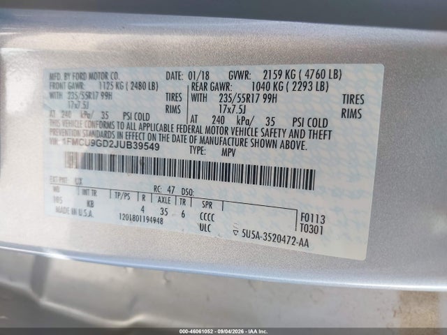 Продажа на аукционе авто 2018 Ford Escape Se, vin: 1FMCU9GD2JUB39549, номер лота: 46061052
