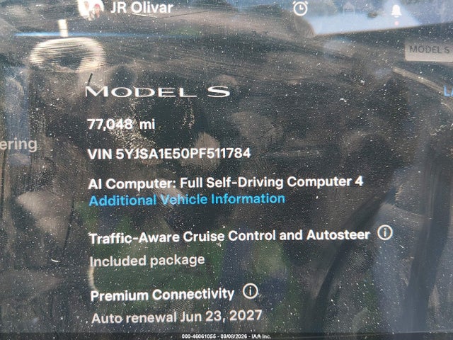 2023 Tesla Model S Dual Motor All-wheel Drive/standard Range მანქანა იყიდება აუქციონზე, vin: 5YJSA1E50PF511784, აუქციონის ნომერი: 46061055