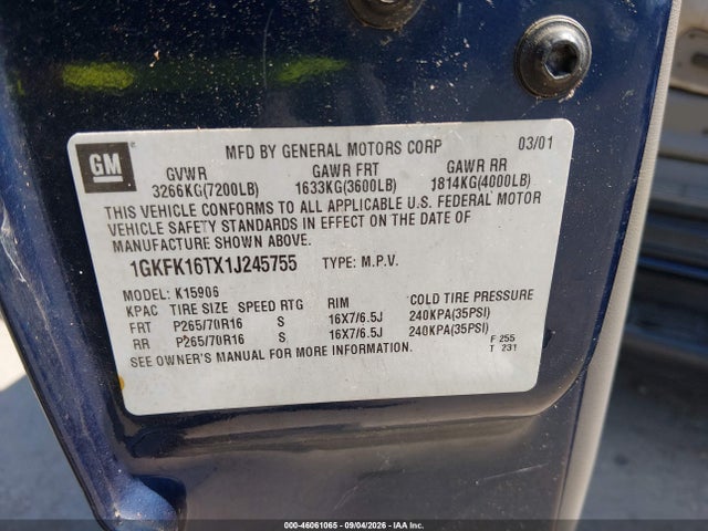 Auction sale of the 2001 Gmc Yukon Xl 1500 Slt, vin: 1GKFK16TX1J245755, lot number: 46061065