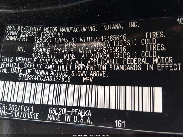 46061088 :رقم المزاد ، 5TDKK4CC2AS327806 vin ، 2010 Toyota Sienna Le مزاد بيع