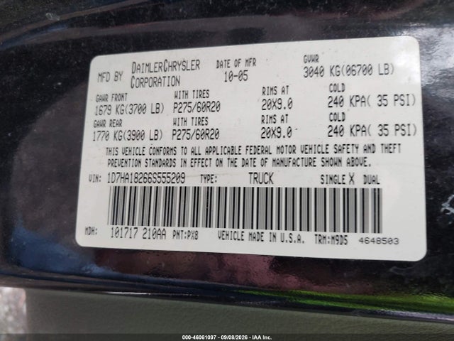 2006 Dodge Ram 1500 Slt მანქანა იყიდება აუქციონზე, vin: 1D7HA18266S555209, აუქციონის ნომერი: 46061097