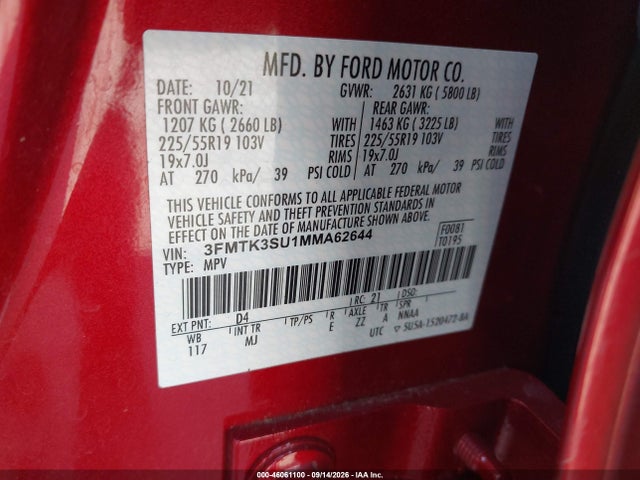 46061100 :رقم المزاد ، 3FMTK3SU1MMA62644 vin ، 2021 Ford Mustang Mach-e Premium مزاد بيع