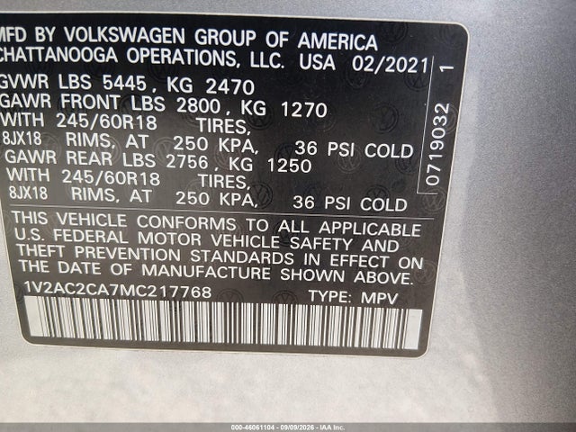 46061104 :رقم المزاد ، 1V2AC2CA7MC217768 vin ، 2021 Volkswagen Atlas Cross Sport 2.0t S مزاد بيع