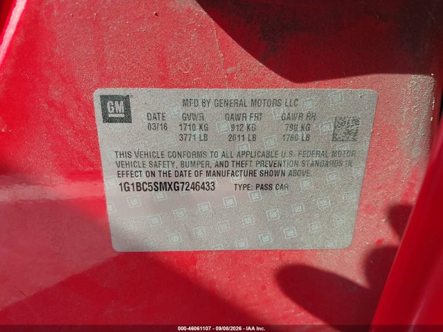 Продаж на аукціоні авто 2016 Chevrolet Cruze Ls Auto, vin: 1G1BC5SMXG7246433, номер лоту: 46061107