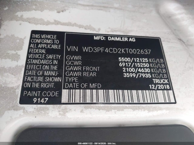 WD3PF4CD2KT002637 Mercedes-Benz Sprinter 4500 High Roof V6