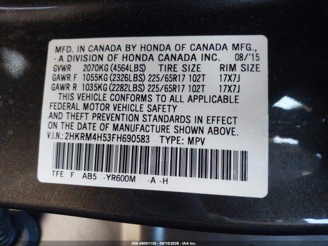 Продажа на аукционе авто 2015 Honda Cr-v Ex, vin: 2HKRM4H53FH690583, номер лота: 46061130