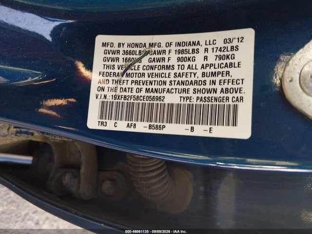 Продаж на аукціоні авто 2012 Honda Civic Lx, vin: 19XFB2F58CE056962, номер лоту: 46061135